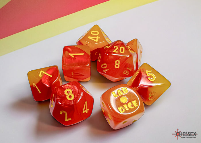 Chessex -  Lab Dice 7 Piece - Gemini Gellow-Red/yellow Polyhedral Luminary (With Bonus Die)