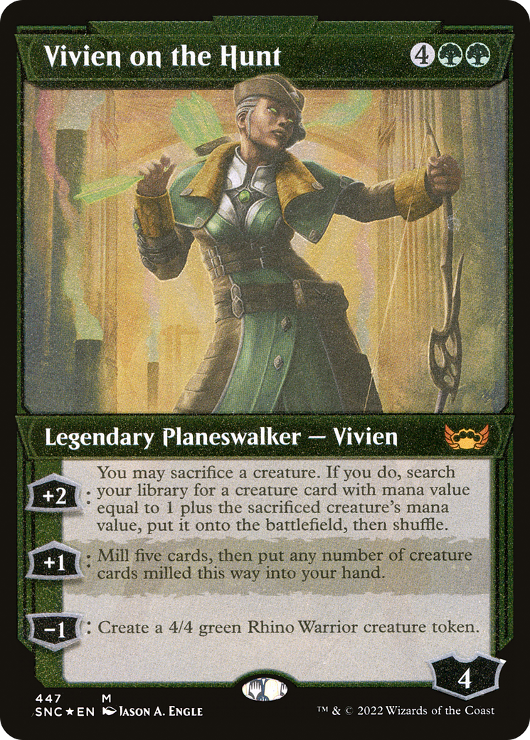 Vivien on the Hunt (SNC-447) - Streets of New Capenna: (Showcase) Etched Foil [Mythic]