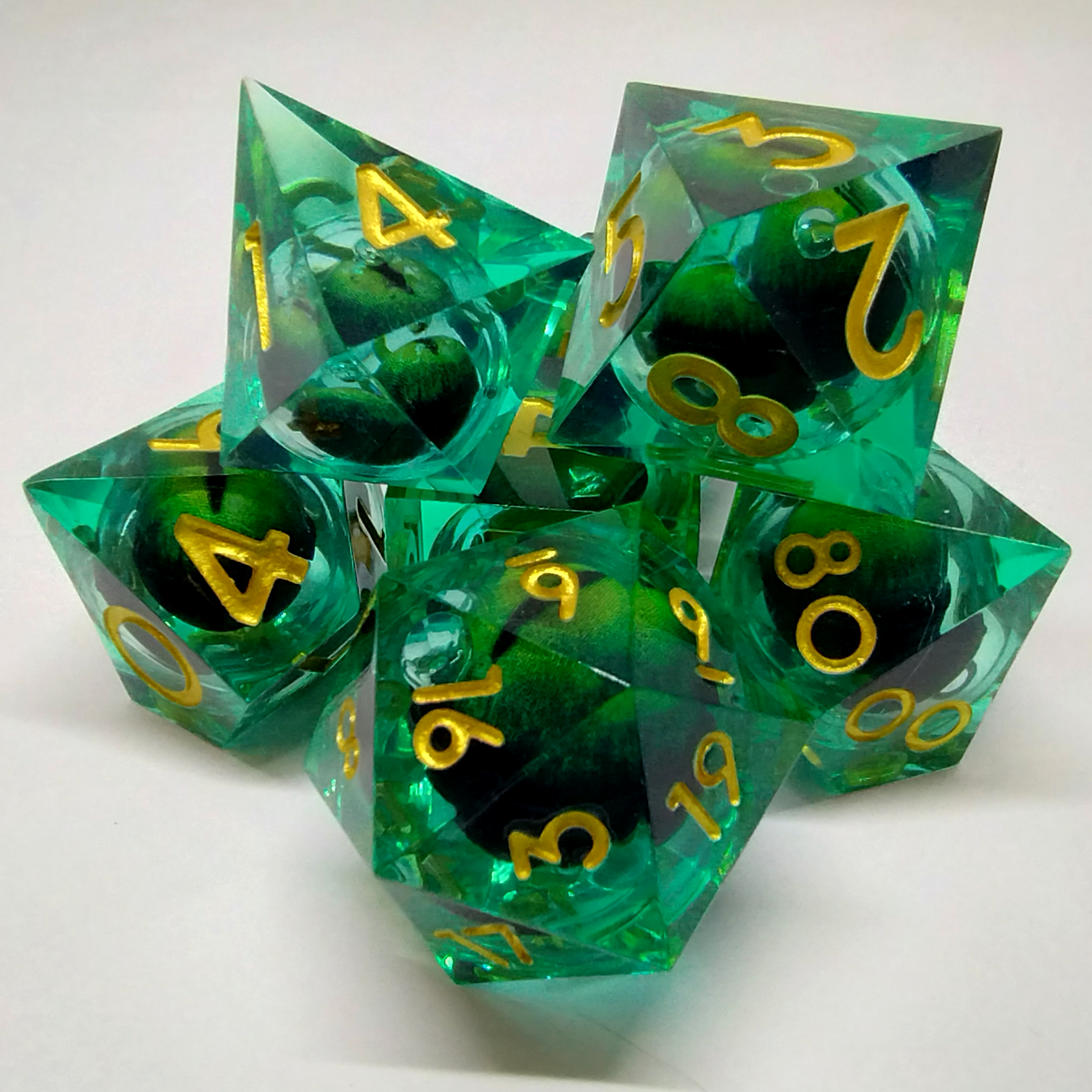 Liquid Core Dragon Eye Dice Kit - Green in Black Suedecloth Pouch