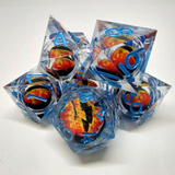 Liquid Core Dragon Eye Dice Kit - Translucent Blue with Red Dragon Eye in Black Suedecloth Pouch