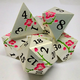 Plum Blossom Dice Kit - Silver with Pink Flowers in a Metal Box