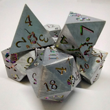 Plum Blossom Dice Kit - Brushed Silver with Rainbow Flowers in a Metal Box