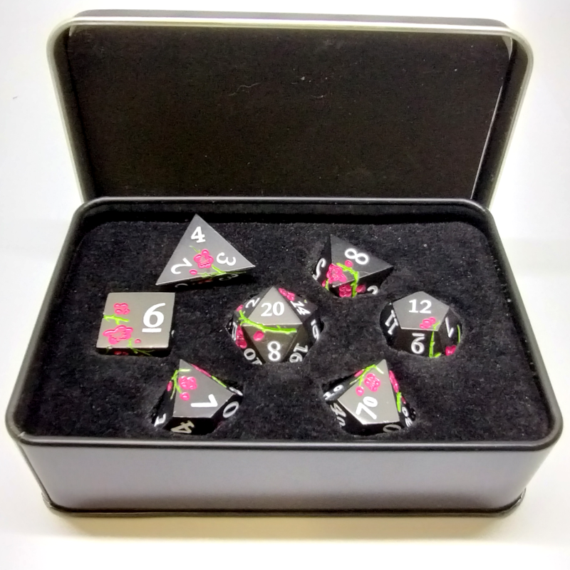 Plum Blossom Dice Kit - Black with Pink Flowers in a Metal Box