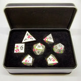 Plum Blossom Dice Kit - Silver with Pink Flowers in a Metal Box