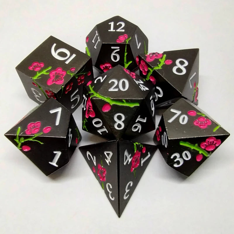 Plum Blossom Dice Kit - Black with Pink Flowers in a Metal Box