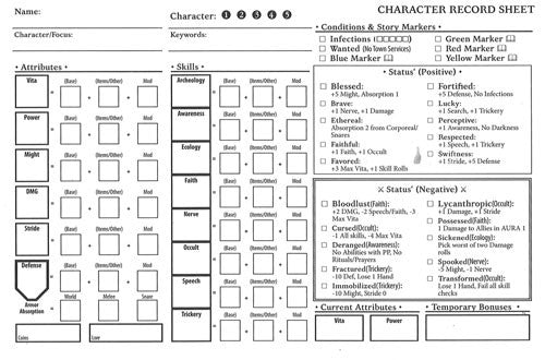 Folklore: The Affliction - Character Record Pad